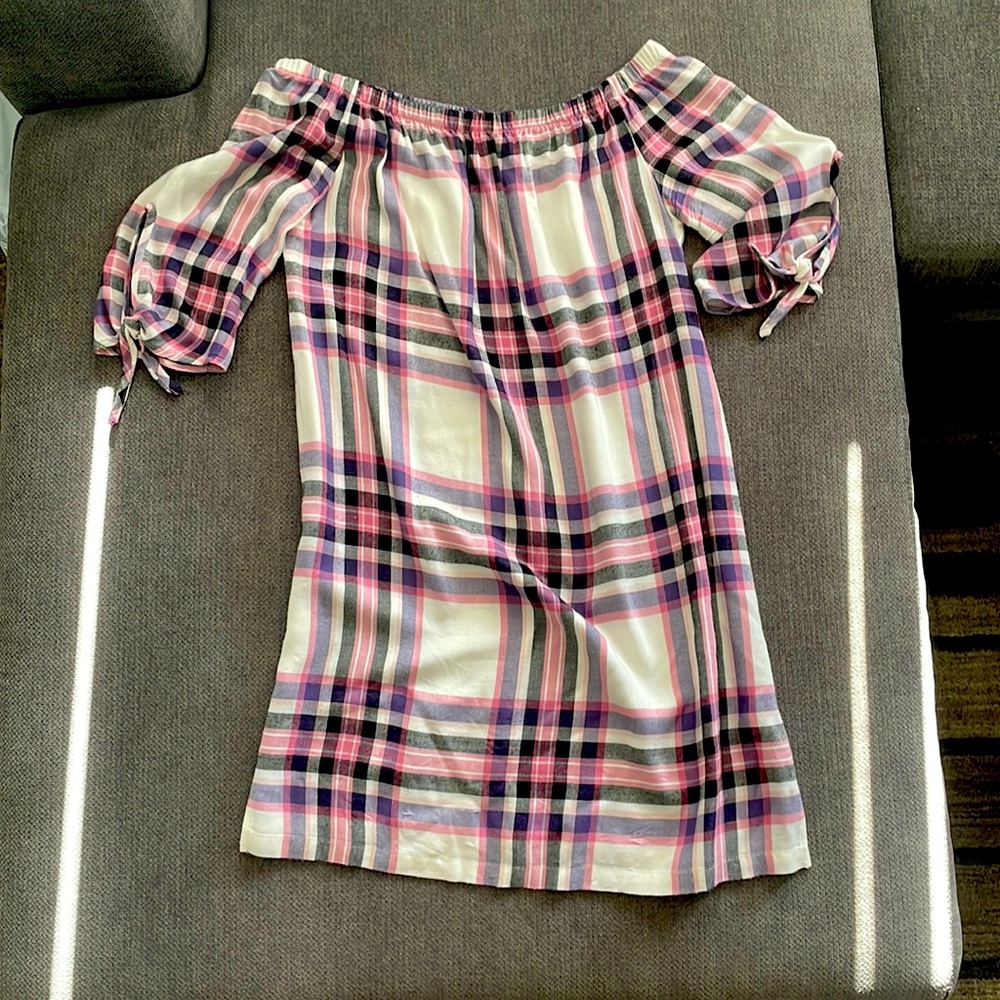 Blue Rain plaid off the shoulder dress